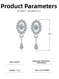 Vue détaillée des boucles d'oreilles moissanite en argent 925 avec dimensions précises