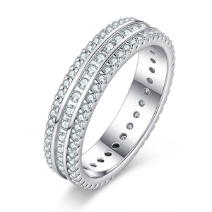Elegant S925 sterling silver three-row pavé-set moissanite ring with a polished finish