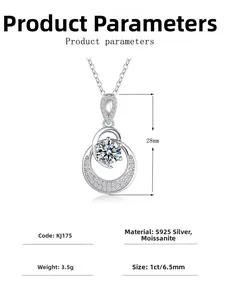 Detail view of S925 silver necklace with 1ct moissanite pendant and size specifications