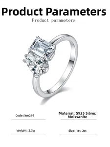 Detail of 925 sterling silver ring with emerald and pear cut moissanite stones