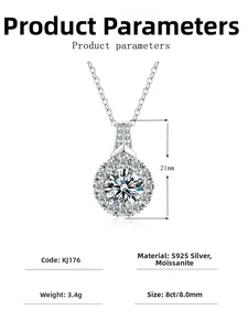 Technical drawing of S925 silver 8ct moissanite necklace showing 21mm pendant dimensions