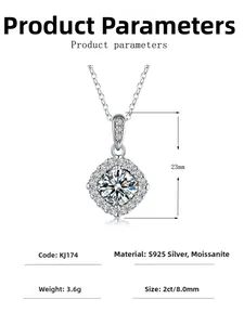 Macro shot of 2ct Moissanite halo pendant in S925 sterling silver with detailed dimensions