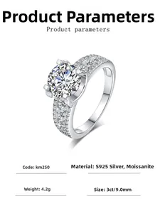 Detailed specs of S925 silver 3ct moissanite ring with six-prong setting and pavé side stones