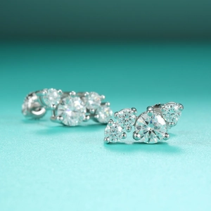 Vue rapprochée de boucles d'oreilles en argent 925 moissanite avec grappe de pierres rondes