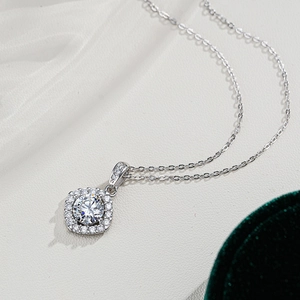 Elegant S925 sterling silver necklace with a 2 carat square halo moissanite pendant