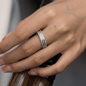 Three-piece S925 sterling silver stacked rings with micro-pave moissanite stones