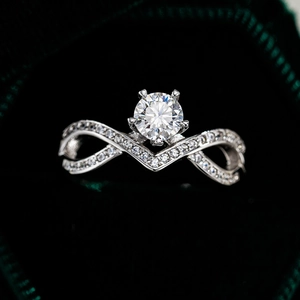 S925 sterling silver asymmetrical ring with round moissanite and micro-pave twisted band