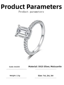 Macro shot of 1ct emerald cut moissanite ring in S925 sterling silver with product specs