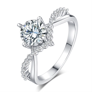 S925 sterling silver asymmetrical 1 carat moissanite ring with twisted pavé band