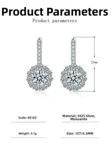 Macro detail of 925 silver moissanite earrings with dimensions and material specs