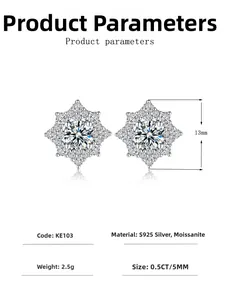 Macro view of S925 silver snowflake stud earrings with 0.5CT moissanite stone detail