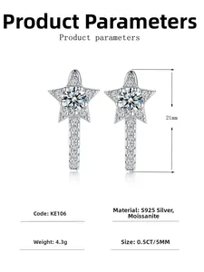 Detail of 925 silver star earrings showing 0.5CT Moissanite and 21mm height dimensions