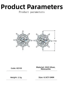 Close-up of S925 silver snowflake earrings with 0.5ct moissanite stones and dimensions