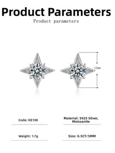 Detail view of S925 silver moissanite star earrings with 0.5ct stone and dimensions