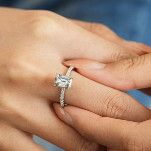 Classic 1-carat emerald cut moissanite ring in S925 sterling silver with pavé setting