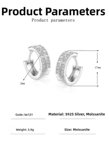 Detailed size chart showing 17mm moissanite paved S925 sterling silver hoop earrings