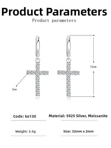 Detail shot showing 32mm S925 silver cross earrings size with moissanite stones