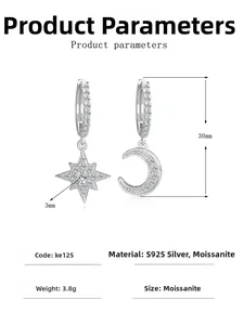 Detailansicht von S925 Silber Stern und Mond Ohrringen mit Moissanit-Besatz