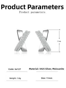Detail view of S925 silver Moissanite cross earrings with 11mm height and 1.8g weight