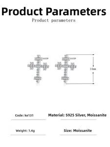 Detailed view of S925 sterling silver cross earrings with moissanite stones and 14mm size