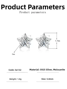 Detailed technical view of S925 silver star stud earrings with 5mm moissanite center