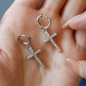 Exquisite S925 sterling silver cross drop earrings featuring pavé moissanite stones