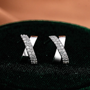 Elegant S925 sterling silver X-shaped cross earrings with micro-pave white cubic zirconia