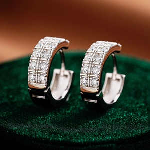 Classic S925 sterling silver huggie earrings with double-row moissanite stones