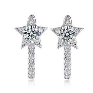 Pair of 925 sterling silver star-shaped stud earrings with brilliant D color moissanite
