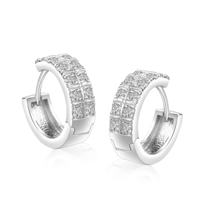 S925 sterling silver huggie earrings with double row moissanite stones on white background