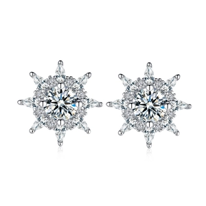 Elegant S925 sterling silver snowflake earrings featuring 1 carat round moissanite center