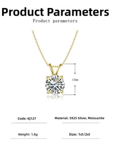 Detailed view of S925 sterling silver 4-prong moissanite pendant necklace with dimensions