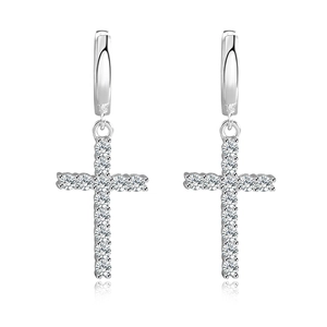 S925 sterling silver cross earrings with shimmering moissanite pave in a hoop design