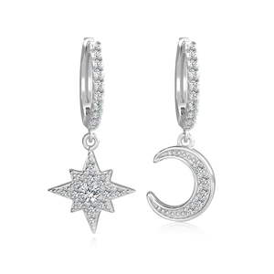S925 Sterling Silber asymmetrische Stern und Mond Ohrringe mit Moissanit Besatz