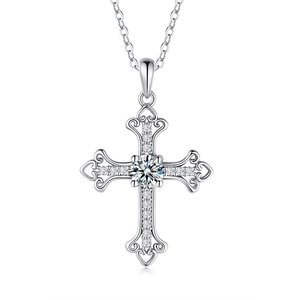 Baroque style 925 sterling silver cross pendant necklace with large moissanite center stone