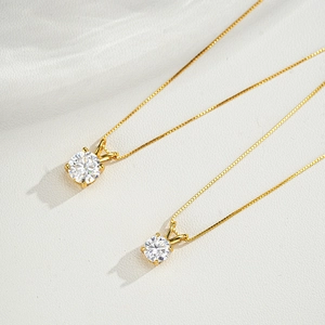 Classic 925 sterling silver necklaces with round-cut moissanite in 14K gold-plated four-claw setting