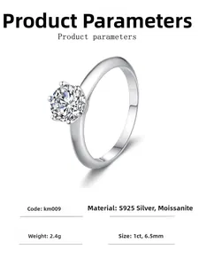 Macro view of 1ct moissanite stone and S925 silver six-prong crown setting on the ring