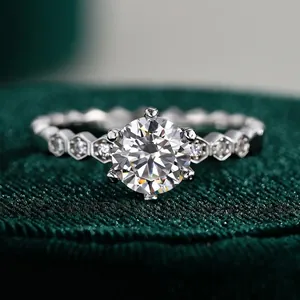 S925 Sterling Silver Honeycomb Moissanite Wedding Ring For Women Six-Prong Round Cut Rhinestone Geometric Engagement Ring Finger Jewelry