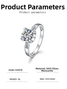 Macro de bague moissanite 1ct en argent S925, sertie quatre griffes avec poids de 3g