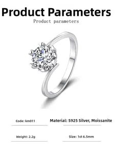 Detailed specs for 1ct Moissanite S925 silver ring with 6-prong crown and twisted arm design