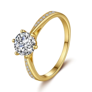 Bague classique en moissanite ronde 1ct avec serti six griffes et diamants latéraux