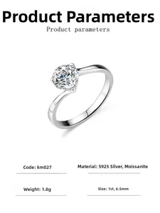 Macro shot of S925 sterling silver ring with 1ct moissanite and technical specifications