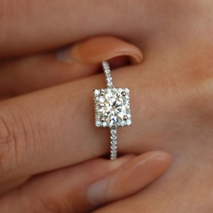 Elegant S925 silver 1ct moissanite ring with a square halo and pavé diamond band