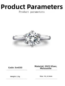 Detailed spec sheet for 1ct 6.5mm moissanite ring with classic six-prong S925 silver setting