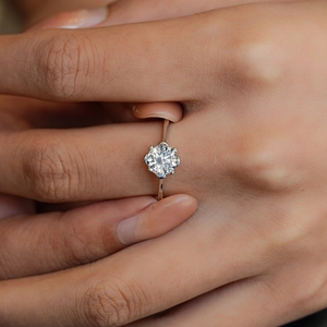 Classic six-prong 925 sterling silver ring with a brilliant round moissanite on finger