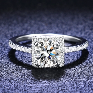 Macro view of halo square diamond ring in S925 sterling silver with sparkling stones