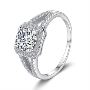 Elegant 1 carat round moissanite ring with square halo and pavé band in S925 silver
