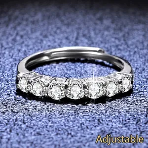 Adjustable S925 sterling silver moissanite ring with seven-stone crown cluster design