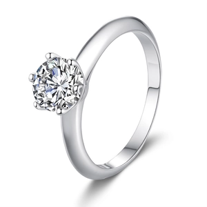 Classic S925 sterling silver six-prong crown ring with round brilliant moissanite stone