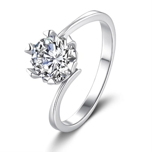 Classic moissanite ring with six-prong snowflake setting and twisted silver band